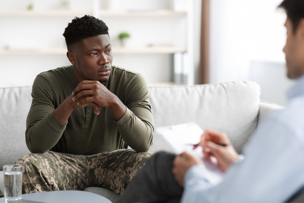 Man in EMDR therapy, reflecting on his childhood trauma and experiences as a veteran